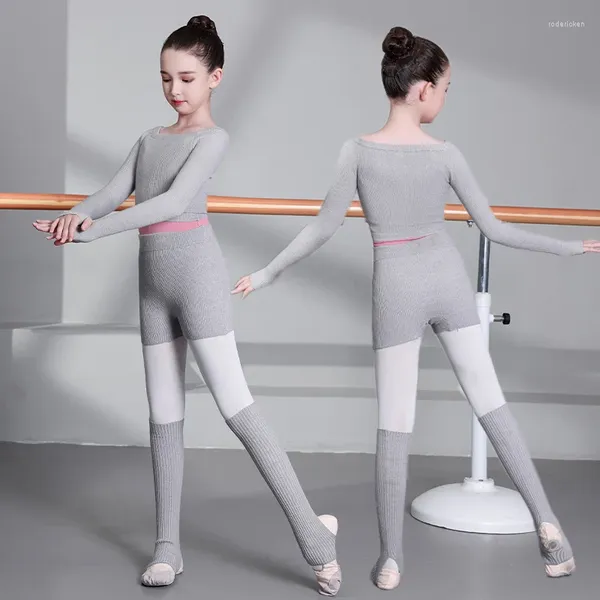 Escenario desgaste moda niña ballet gimnástico leotardo fuera del hombro manga larga suéter de baile top pantalones cortos rodilleras ropa para niños envoltura