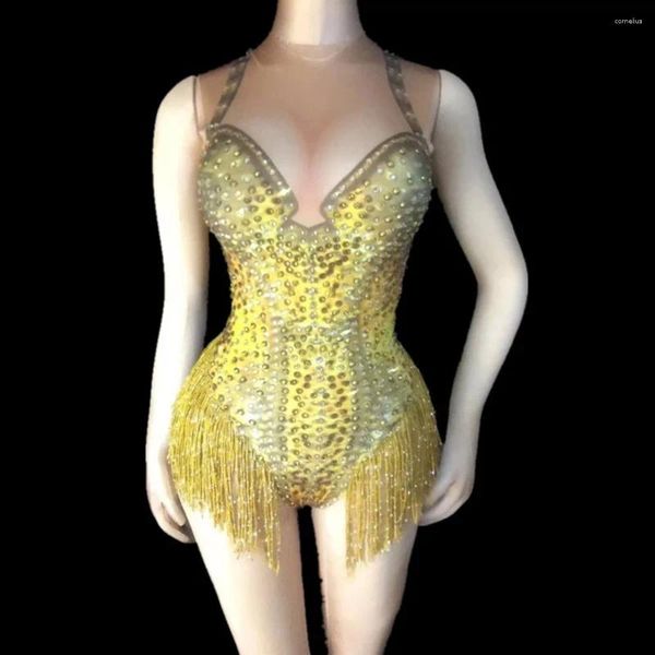 Stage Wear Fashion Gold Gland Sparkly Strass Body Femme Chanteur Néon Lumineux Costume Sexy Vêtements Une Pièce