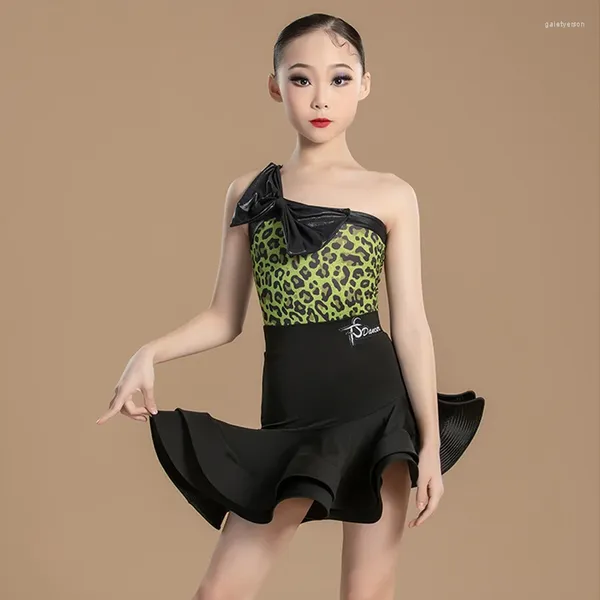 Vestimenta de ropa de moda vestidos de competencia de danza latina chicas un hombro leopardo top falda de baile niños Chacha Performance SL10041