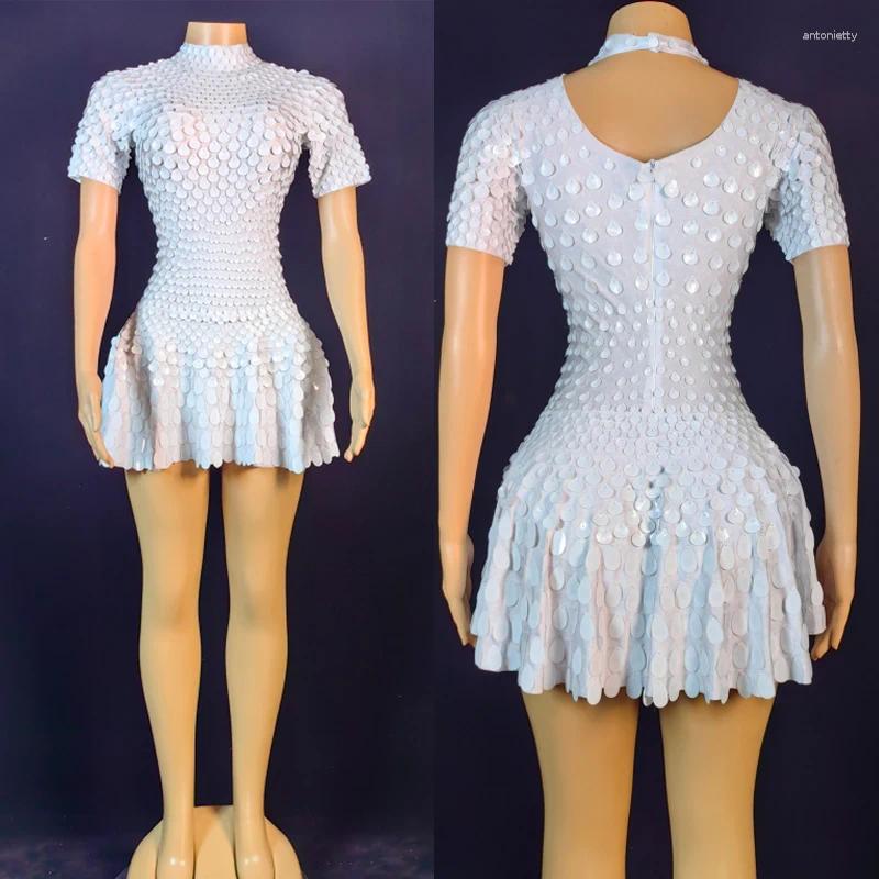 Stage Wear Fashion Party Clothing White Sequins Jazz Dance Dresses Women Group Gogo Costume Performance Rave Outfit XS7265