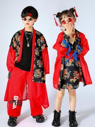 Podium Wear Fashion Red Outfits For Kids Chinese stijl Jazz Dance Costumes Performance Ballroom Hip Hop Cloths DQS8353