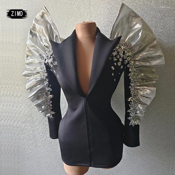 Stage Wear Mode Strass Robe Noir Col V profond Manches bouffantes Club Party Anniversaire Performance De Mariage Danse Drag Queen Costume