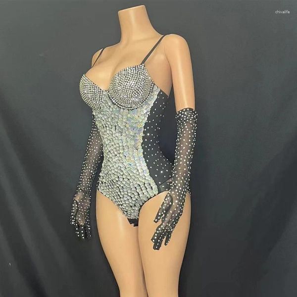 Stage Wear Mode Argent Paillettes Strass Body Gants Femmes Party Pole Dance Costume Discothèque Dj Festival Outfit XS6856