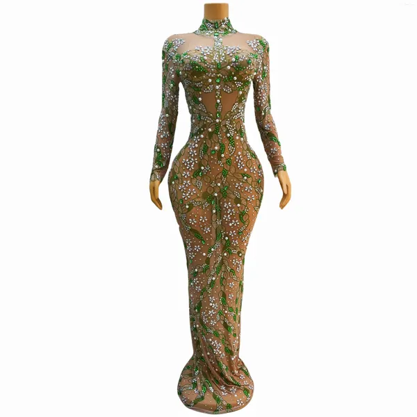 Stage Wear Mode Printemps Anniversaire Célébrer Sexy Transparent Vert Strass Perles Robe Stretch Outfit Prom Party Collections