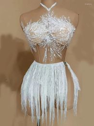 Stage Wear Mode Blanc Paillettes Fringe Femmes Robe Sexy Ceinture Sangle Tube Top Design Party Bar Chant Costume De Danse