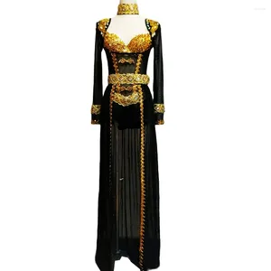 Stage Wear Mode Femmes Gold Bling Diamants Bodys Noir Net Fil Transparent Long Manteau Discothèque Chanteur Costume De Danse Tenue