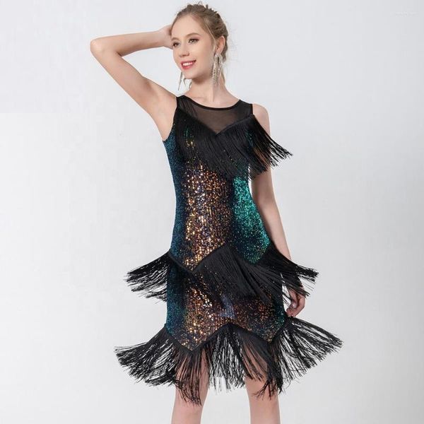 Robe de soirée à franges de danse latine à paillettes brillantes à la mode pour les femmes