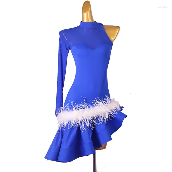 Stage Wear Style Plume Danse Latine Professionnelle Dos Nu Montre Compétition Diagonale Rumba Cha Robe Produit