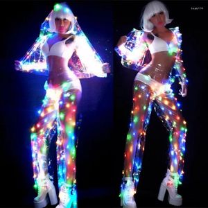 Stage Wear Femme Multicolore LED Lampe Performance Vêtements Festival de musique Chanteur Danseur Team DJ Disco Costume Sexy Transparent Rave Outfit