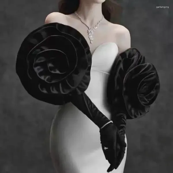 Etapa desgaste femenino negro elegante hecho a mano satén flor guantes vintage pografía vestido formal 2 piezas conjunto
