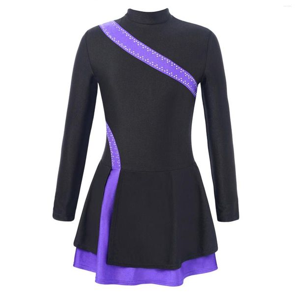 Vêtements de scène Robe de patinage sur glace Enfants Filles Gymnastique Justaucorps Salle de bal Ballet Danse Costume Manches longues Formation Performance Vêtements