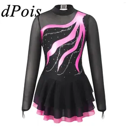 STAGE Wear Spreing Robe Kids Girls Girls Long Manches Righine Patchwork Ballet Ballet Dance Gymnastique Ternet de justaucathe pour la compétition de danse