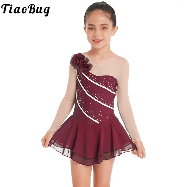 Stage Wear Robe de patinage artistique Enfants Filles Fleur Mesh Strass Ballet Tutu Gymnastique Justaucorps Roller Compétition Dancewear