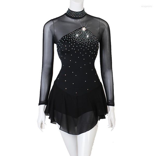 Stage Wear Robe De Patinage Artistique Femmes Fille Costume De Gymnastique Sur Glace Strass Personnalisé Noir B048