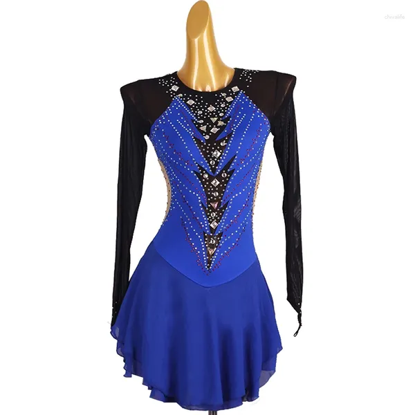 Vêtements de scène Robes de patinage artistique Robe de danse sur glace Costume de compétition Vêtements de performance Strass Manches longues Dos nu