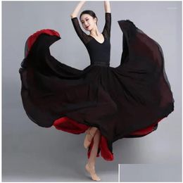 Stage Wear Jupe de danse en mousseline de soie Flamenco pour femmes 720 degrés de couleur unie jupes longues danseur pratique style chinois avec grand ourlet goutte ot9S3