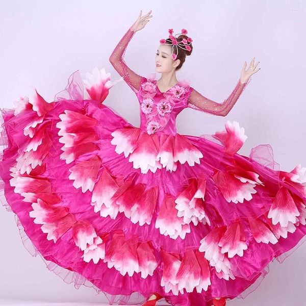 Escenario desgaste vestido flamenco traje de baile español salón de baile trajes taurinos pétalo coro 360 540 720 grados