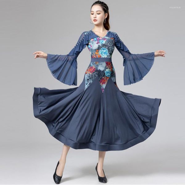 Robe de danse de salle de bal à manches évasées, tenue de scène, bleu/noir, impression de compétition, Costume de spectacle de valse de Tango, pratique DL9897