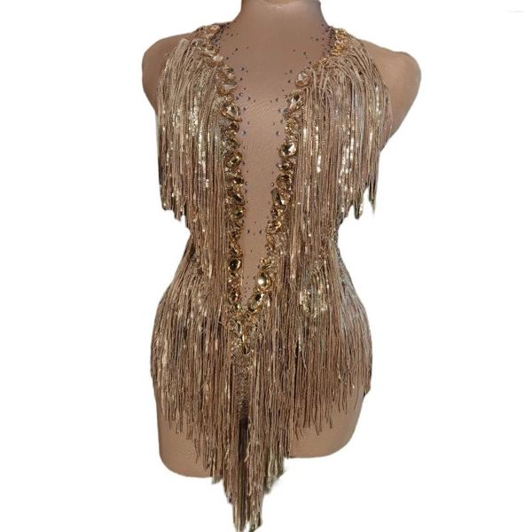 Weargher Sligning Sequins Red Fringe strass des strats de bodys Transparent Femme Anniversaire Anniversaire Célébreur Danseuse Leotard Shuye