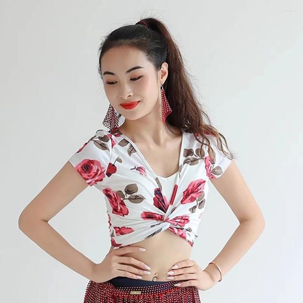 Stage Wear Floral V Cou Court Design Tops Femme Robe De Danse Du Ventre Pour Les Femmes Cha Samba Rumba Dancewear Costumes NY70 YY254