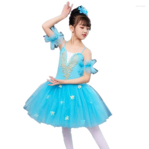 Etapa desgaste flor luz azul romántico tutú niños ballet contemporáneo traje de baile suave tul largo vestido de bailarina para niños adultos niñas