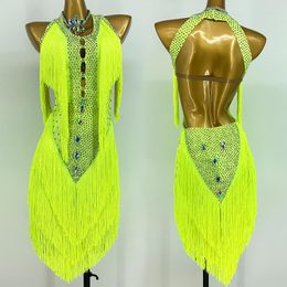 Etapa desgaste color fluorescente vestido de baile latino mujeres sexy sin respaldo flecos competencia cha rumba traje strass bl8054