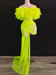 Escenario desgaste fluorescencia gasa verde sexy correa de espagueti vestido asimétrico para mujeres celebridad noche tela trajes de concierto de fiesta