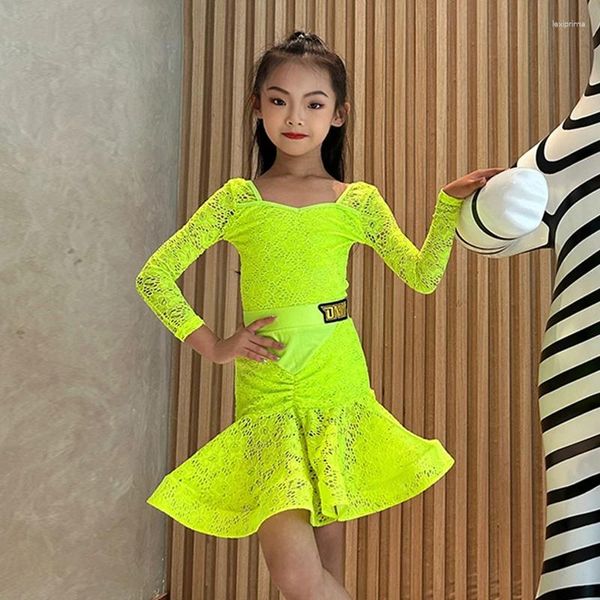 Escenario desgaste fluorescencia amarillo vestido de baile latino niños competencia traje traje falda niñas chacha baile rendimiento DL11435