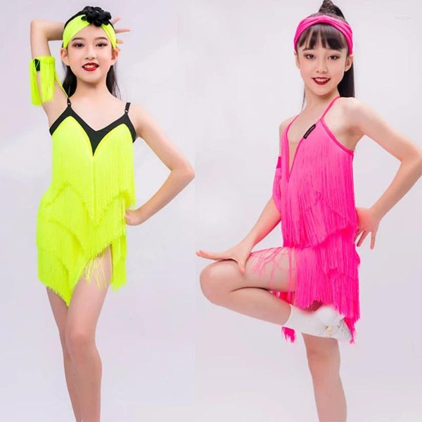 Ropa de escenario Color fluorescente Vestido de baile latino para niñas Vestidos de fiesta con flecos completos Competencia para niños Baile SL9685