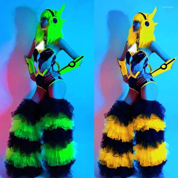 Stage Wear Couleurs fluorescentes Body Cake Legs Cover Tech Style Cosplay Rave Outfit Femmes Gogo Costume Performance XS7495