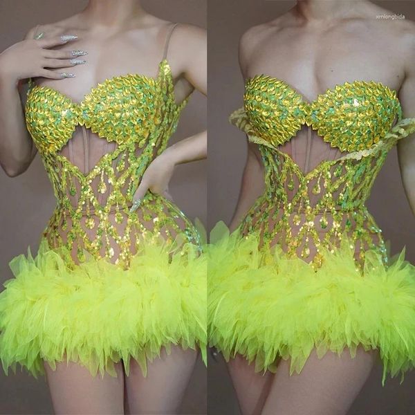 Stage Wear Fluorescent Full Strass Robe à paillettes Femmes Party Gogo Dancer Costume Bar Dj Mini Robes Rave Tenues