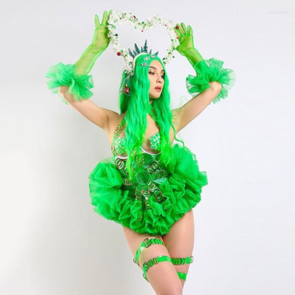 Escenario desgaste fluorescente verde bosque elfo traje mujeres cosplay ropa modelo espectáculo festival ropa gogo bailarín trajes vdb4619