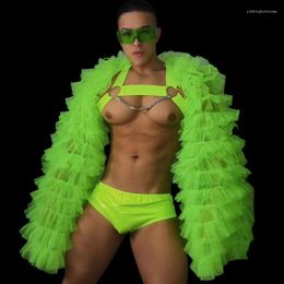 Stage Wear Fluorescent Vert Gaze Fluffy Manches Tops Shorts Rave Tenues Discothèque Mâle Gogo Danseur Chanteur Sexy Performance Costume