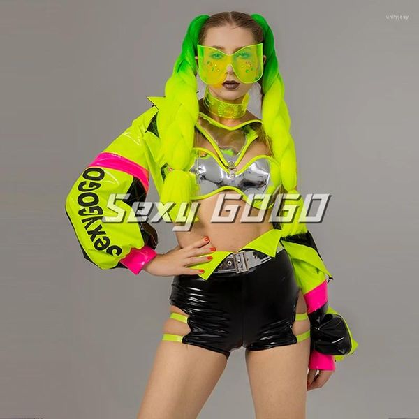 Stage Wear Fluorescent Green Gogo Dance Costume Veste Sexy Argent Bikini Discothèque Jazz Dancer Performance Party Rave Outfit VDB7489