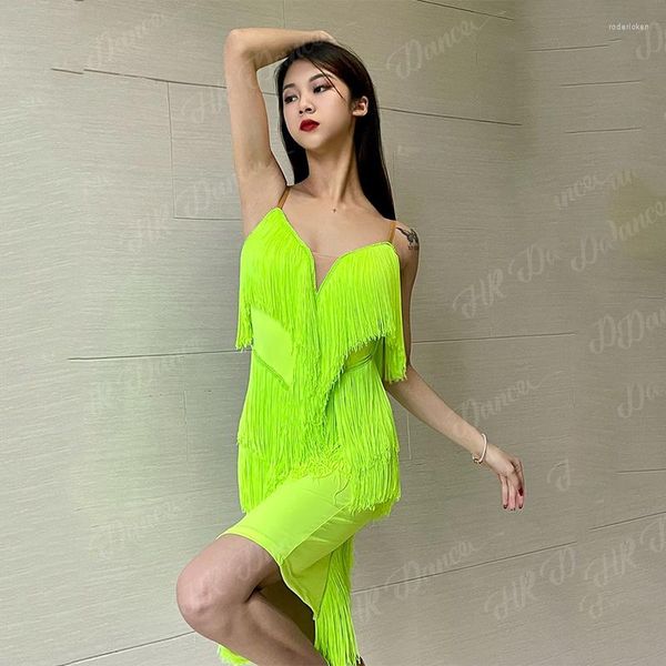 Stage Wear Fluorescent Green Latin Dance Competition Dress Femmes Sexy Cha Rumba Dancing Show Costume Adulte Pratique DNV17900