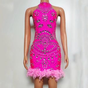 Stage Wear Fluorescerende Pink Rhinestones Dress Women Party Jazz Dance Dresses Sexy Gogo Dancer Costumes Festival Outfits XS7956