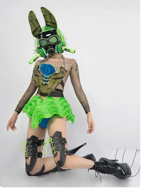 Escenario desgaste fluorescente violento cosplay traje rave traje LED máscara a prueba de explosiones club nocturno gogo rendimiento