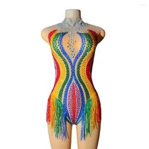 Stage Wear Fringe Strass Bodys sans manches Femmes Pom-Pom Girl Homecoming Costume de danse Rainbow Couleur Multicolor Rave Festival