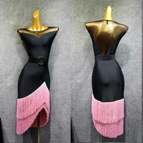 Desgaste de la etapa Falda con flecos Vestido sexy Mujeres Baile de salsa latina con borlas Traje negro Vestidos elegantes Para Mujer