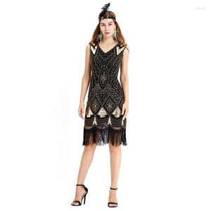 Stage Wear Gatsby 1920s Flapper Dress Women V Neck Cocktail Party Vintage Pargin Fringe with Sleeve for Prom Evening Part