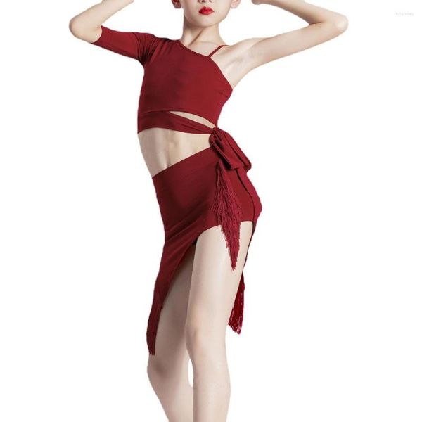 Vêtements de scène Gilrs rouge épaule inclinée irrégulière latine Salsa Tango danse jupes avec hauts enfants Costume de Performance moderne
