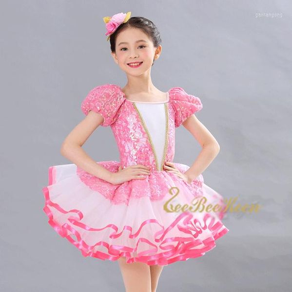 Etapa desgaste niña rosa tutu ballet vestido corto / manga larga lentejuelas danza para niños princesa traje profesional mujeres