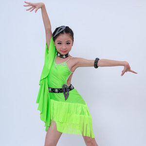 Stage Wear Girl Professional Green/Black/Rose Tassel Diamonds Perspective Splicing Dress For Kids Latin/Rumba/Samba/Salsa Dance Dresses