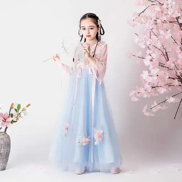 Etapa desgaste niña estilo antiguo hanfu chino súper hada falda niña traje vestido primavera