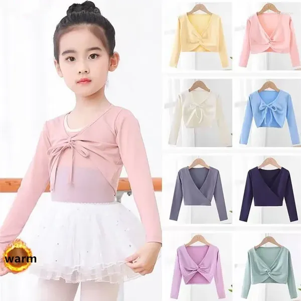 Escenario desgaste niñas ballet abrigo de manga larga abrigo top baile encogimiento suéter cultivo niños ropa de baile algodón plisado cálido jersey para