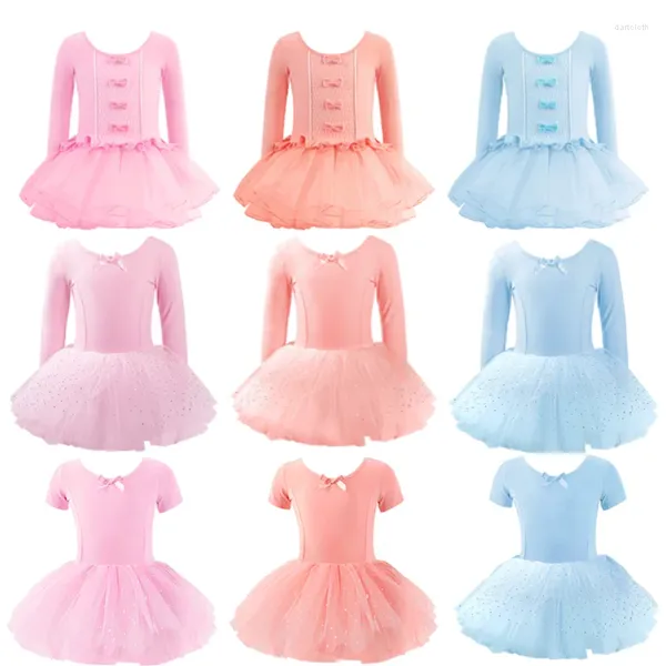 Stage Wear Filles Ballet Danse Robe Enfants Enfants Haute Qualité Manches Courtes / Longues Tulle V Dos Bowknot Gymnastique