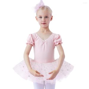 Stage Wear Girls Ballet Dance Dress Patchwork 2in1 Fashion V-Neck Short Sleeve Tuchard met mesh tutu rok Ballerina Outfit