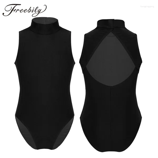 Portez des filles de ballet danse leotard sans manches ouverte arrière High Mock-turtleneck cou couture de gymnastique de gymnastique costume