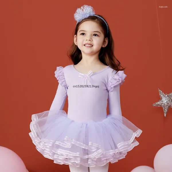 Scène porte des filles ballet danse tutu robe enfants manches longues tulle bowknot skate gymnastique fête d'anniversaire de Noël justaucorps danceard