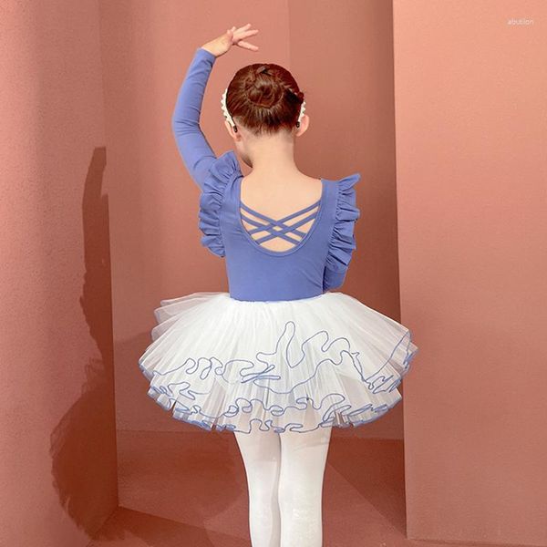 Desgaste de la etapa Niñas Vestido de ballet Leotardos de gimnasia Niños Princesa Bailarina Tutu Ropa de baile Falda de encaje Manga larga Traje de baile del lago de los cisnes